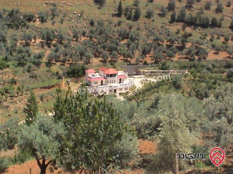 للبيع أو البدل من المالك مزرعة مساحة الأرض 5 دونم و 621م مع فيلا طابقين للبيع في جرش وادي الحدادة