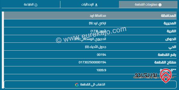 قطعة أرض مساحة 1010م للبيع في اربد - ايدون 