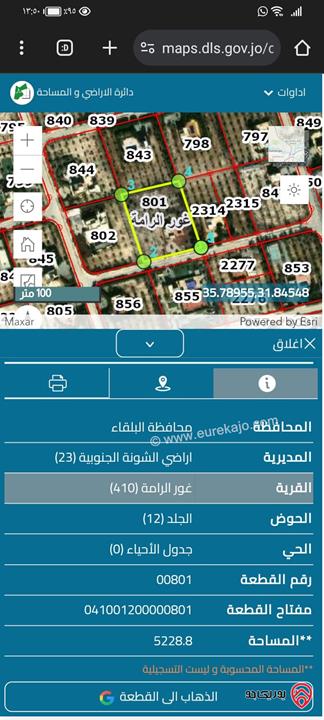 قطعة ارض مساحة 5228م للبيع في موقع مميز في البلقاء - غور الرامة بجانب البحيرة 