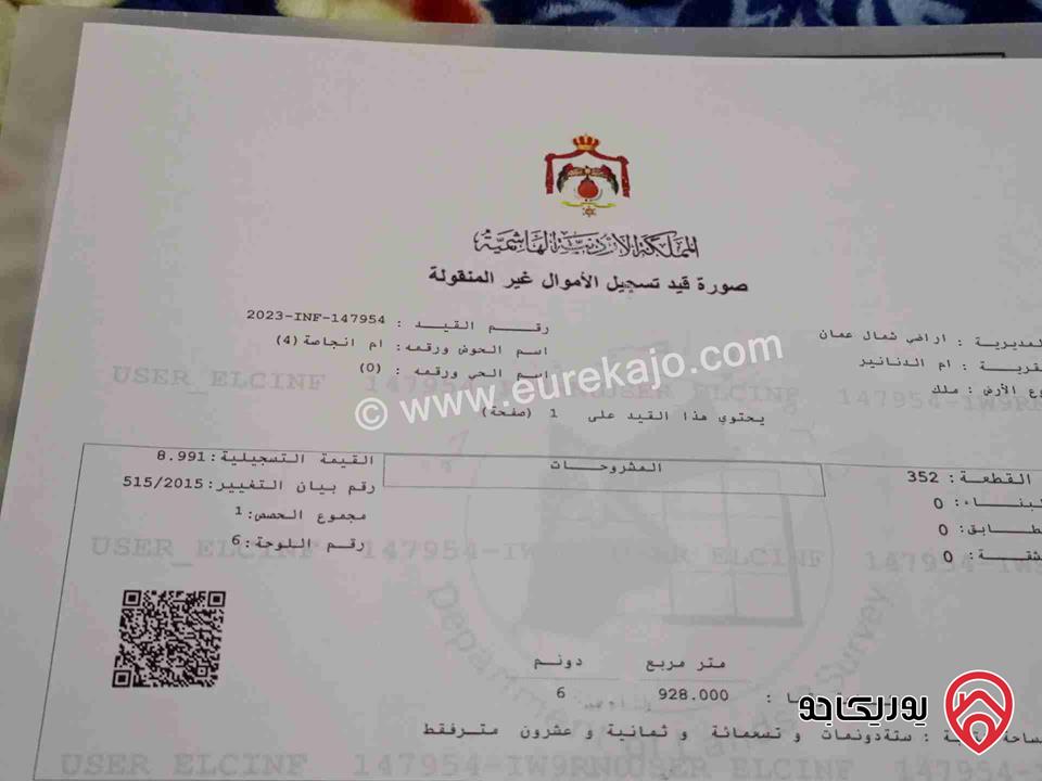 قطعة أرض مساحة 6928م قوشان مستقل للبيع من أراضي شمال عمان - أم انجاصة 