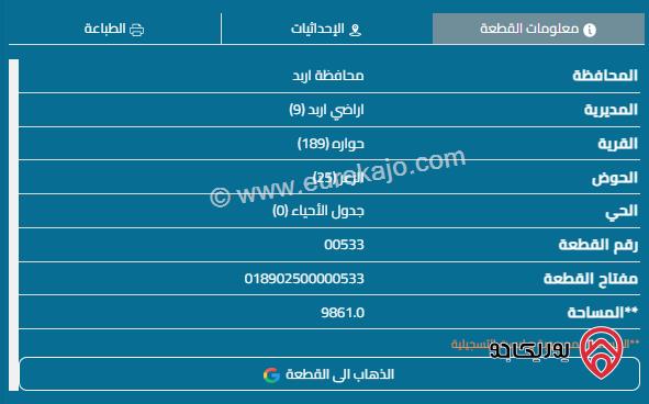 قطعة أرض مساحة 750م للبيع من أصل 9 دونم في اربد - حوارة	