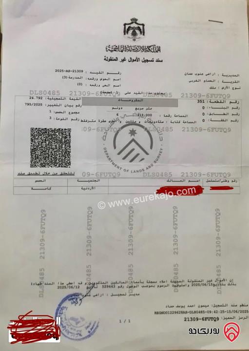 ارض مساحة 6 دونم و 211م للبيع من أراضي جنوب عمان - الحمام الغربي