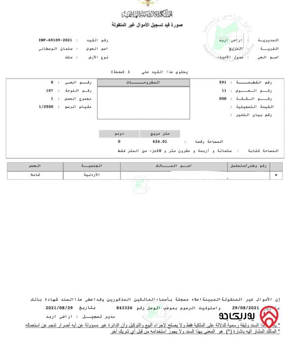 قطعة أرض مساحة 624م للبيع في اربد - الصريح	