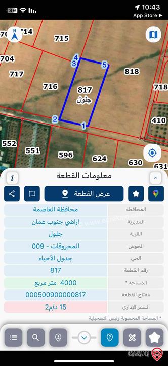 قطعة ارض مساحة 4 دونم للبيع من اراضي جنوب عمان - جلول 