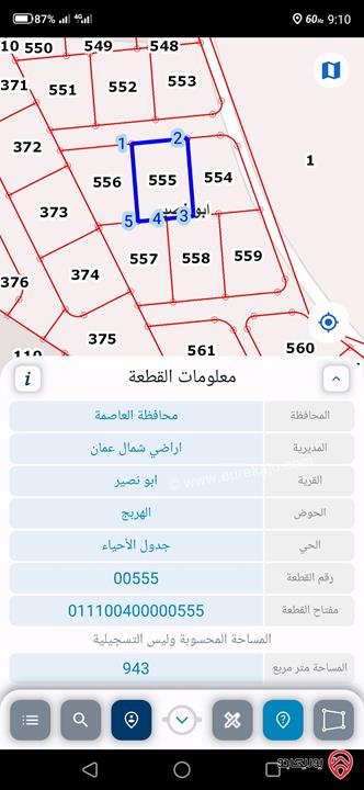 قطعة ارض مساحة 943م للبيع من اراضي شمال عمان - قرية ابو نصير 