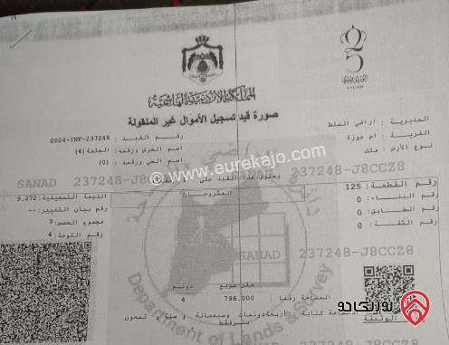 قطعة أرض مساحة 4 دونم و 796م للبيع في السلط - أم جوزة