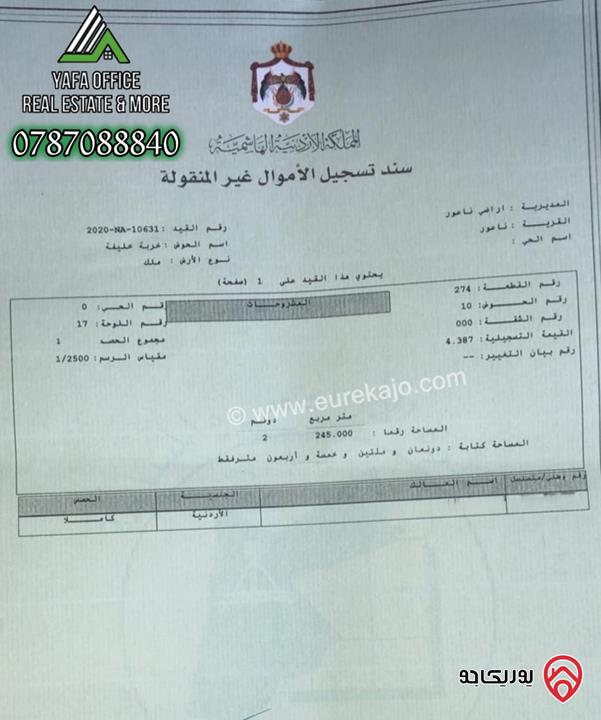 ارض مساحة 2 دونم و 291م للبيع في عمان - ناعور – خربة خليفة