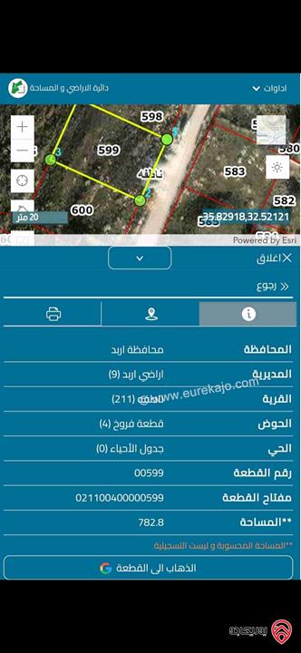 قطعة ارض مساحة 782م للبيع في اربد ضاحية الحسين