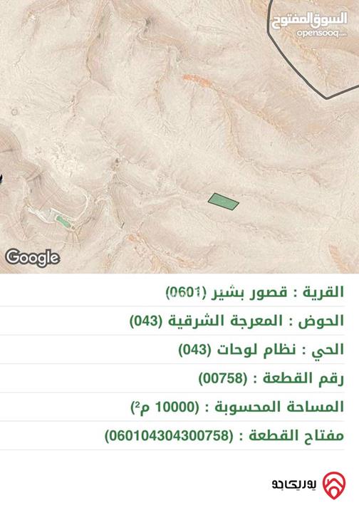 ارض مساحة 10 دونمات للبيع في الكرك - قرية قصور بشير