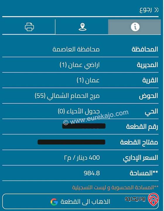 أرض مساحة 984م للبيع في عمان - مرج الحمام الشمالي 