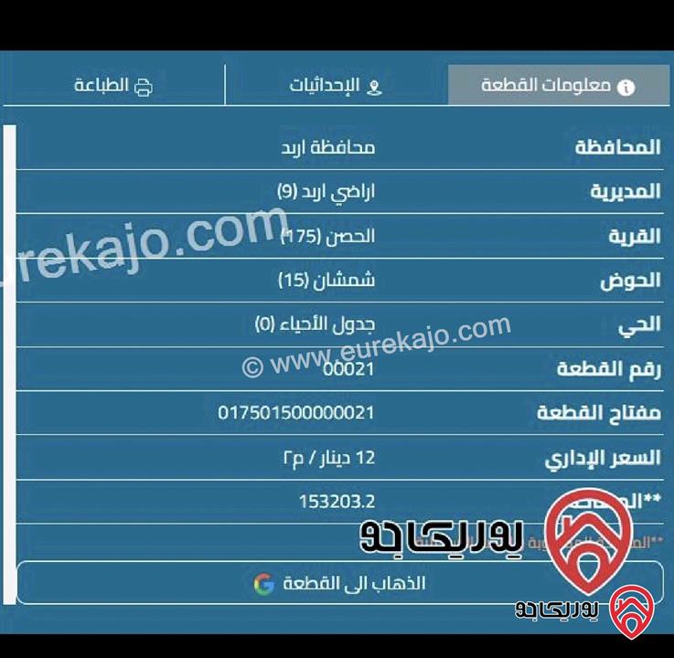 قطعة أرض مساحة 1 دونم و 45م من أرض مشتركة للبيع في اربد - الحصن حوض شمشان 