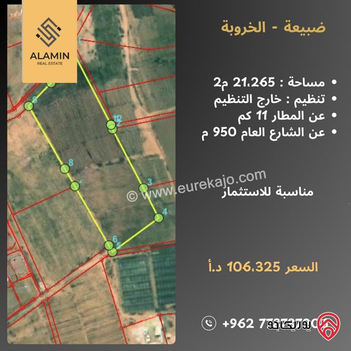 أرض مساحة 21 دونم و 265م للبيع في عمان - ضبيعة - الخروبة