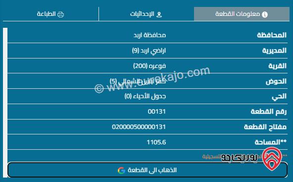 قطعة ارض للبيع في فوعرا - اربد مفروزة تنظيمي مساحة 1105 متر اول فوعرا مرتفعة واطلالة على الشارع الرئيسي تبعد عن اربد اقل من 10 كم 