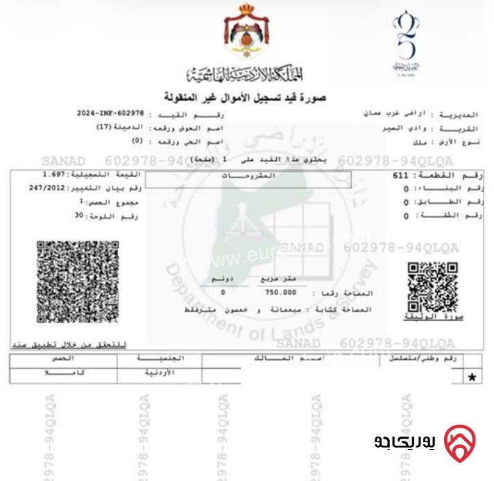 ارض مساحة 750م للبيع في عمان - مقابل الظهير حوض الدمينة 
