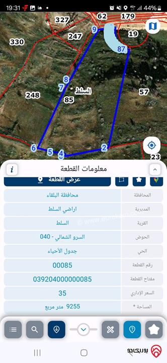 قطعة أرض مساحة 9 دونم و 250م للبيع في البلقاء - السرو الشمالي قرب الجامعة الاهلية