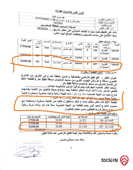 أرض مساحة 1 دونم و 105م للبيع في عمان - الخشافية