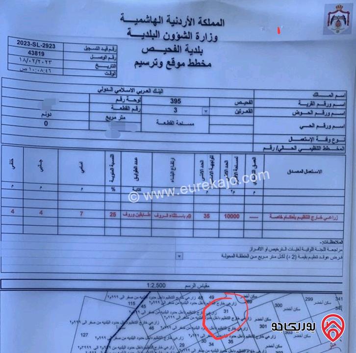 ارض مساحة 1 دونم و 30م للبيع في الفحيص 