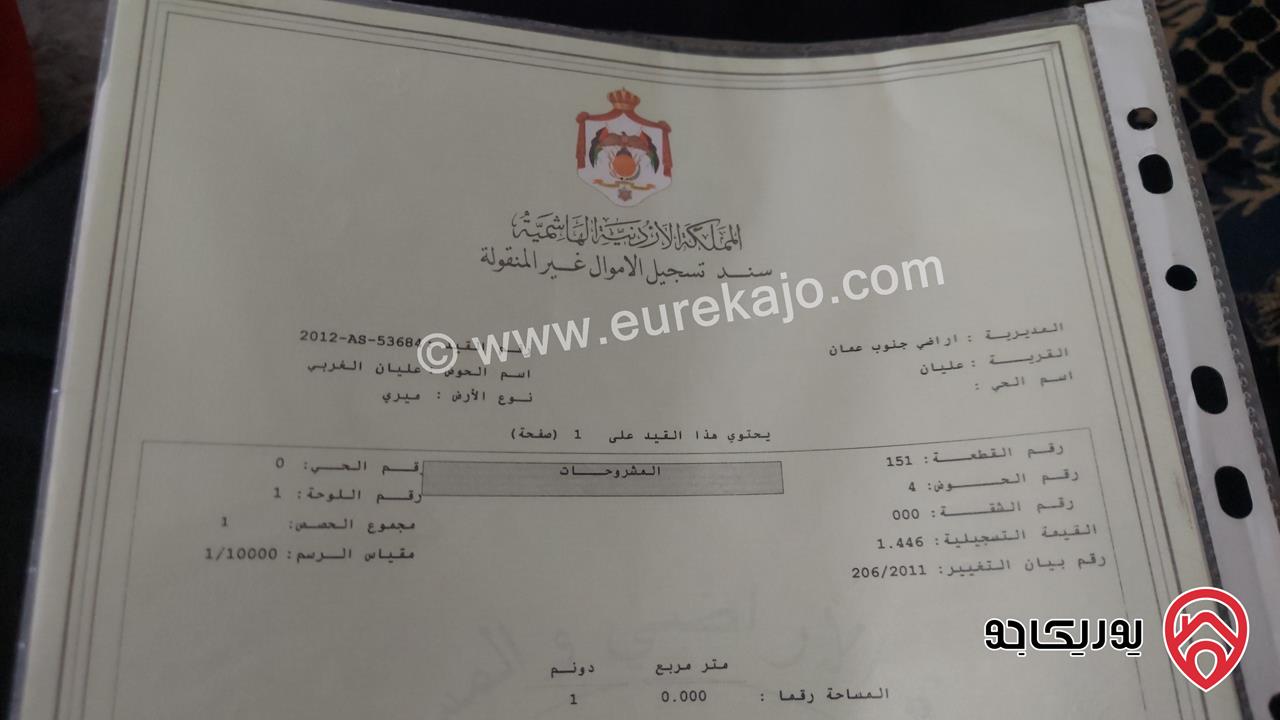 قطعة أرض مساحة دونم للبيع من أراضي جنوب عمان - قرية عليان 