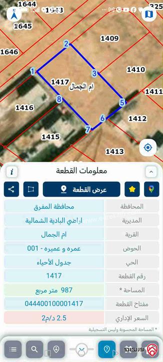 أرض مساحة 987م للبيع في المفرق - أراضي البادية الشمالية قرية ام الجمال