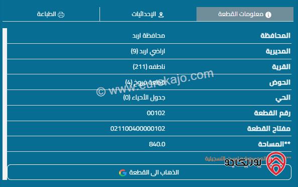 قطعة أرض مساحة 840م للبيع في اربد - ايدون 