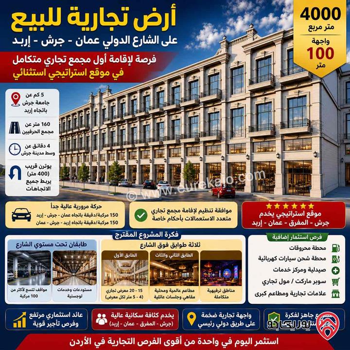 ارض تجاري على الشارع العام عمان جرش اربد مساحة 4 دونم واجهة 100م للبيع في جرش 