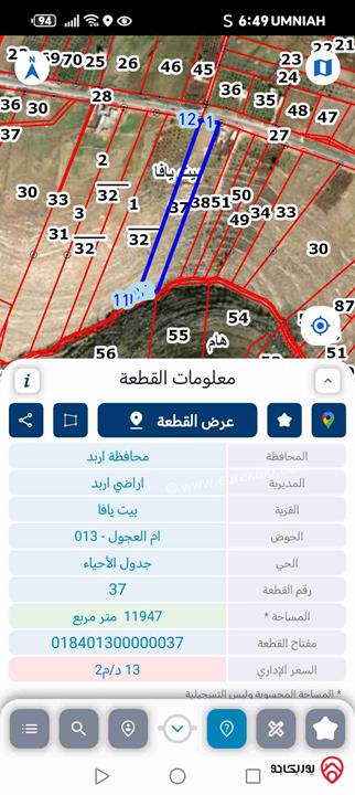 أرض مساحة 11 دونم و 947م للبيع في اربد - بيت يافا 