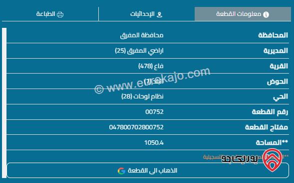 أرض مساحة 1050م ومساحة البيت للبيع في المفرق