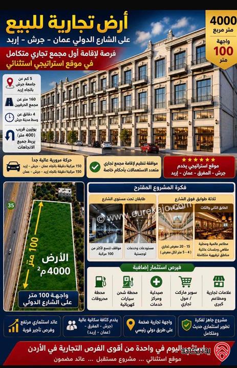 ارض تجاري مساحة 4 دونم للبيع في جرش على الشارع الدولي عمان - جرش - اربد