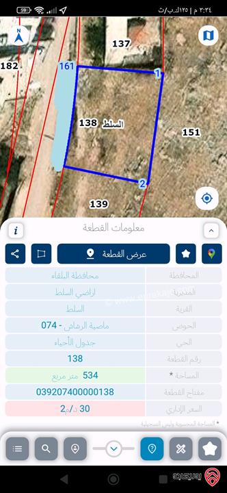 قطع أراضي بمساحات وأسعار مختلفة كما موضحة بالاعلان للبيع في السلط كافة المناطق