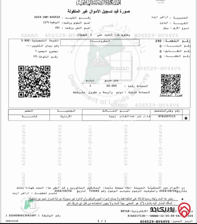 قطعة أرض مميزة مساحة 1 دونم و 24م للبيع في اربد - ايدون الوطية من المالك مباشرة والتواصل على الرقم 0790772627