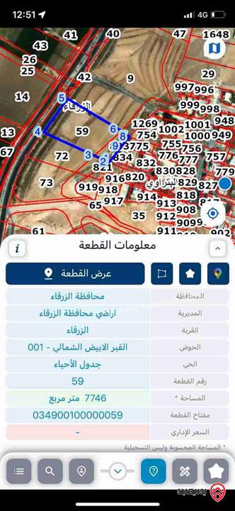 أرض مساحة 7 دونم و 746م للبيع في الزرقاء - السخنة الشارع الرئيسي