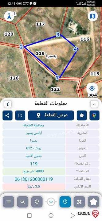 ارض مساحة 4 دونم للبيع في لواء بصيرا محافظة الطفيلة