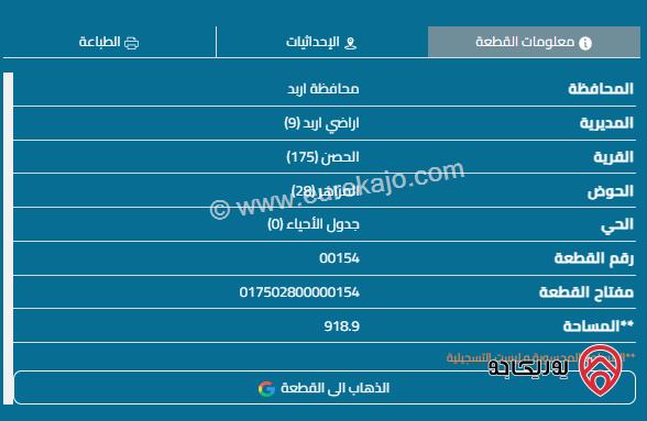 قطعة أرض مساحة 435م للبيع في اربد - الحصن	