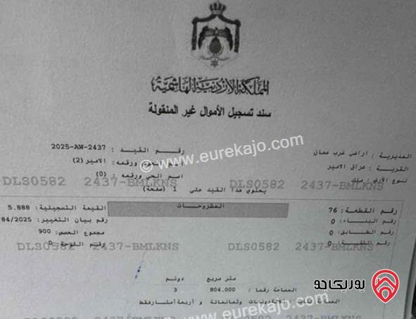 قطعة ارض مساحة 3 دونم و 804م للبيع في عمان - عراق الامير 