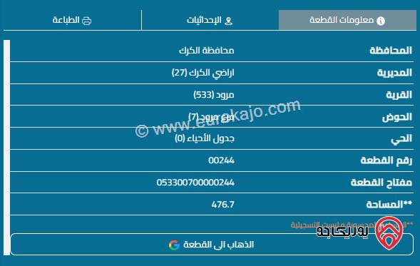 قطعة أرض تجارية مساحة 492م للبيع في الكرك على باب الجامعة