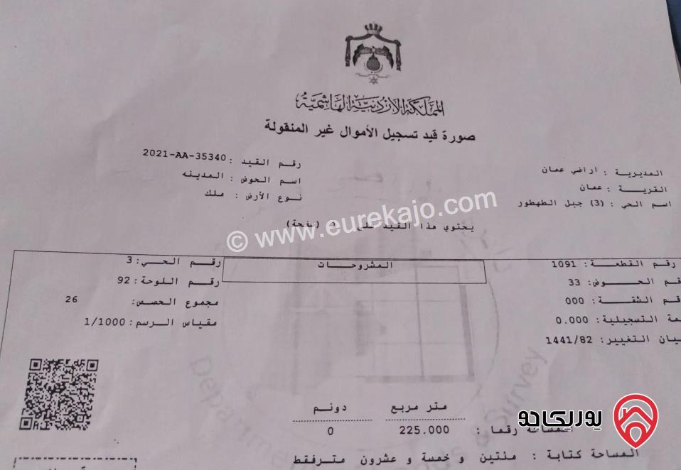 قطعة أرض مساحة 225م للبيع في جبل الحسين 