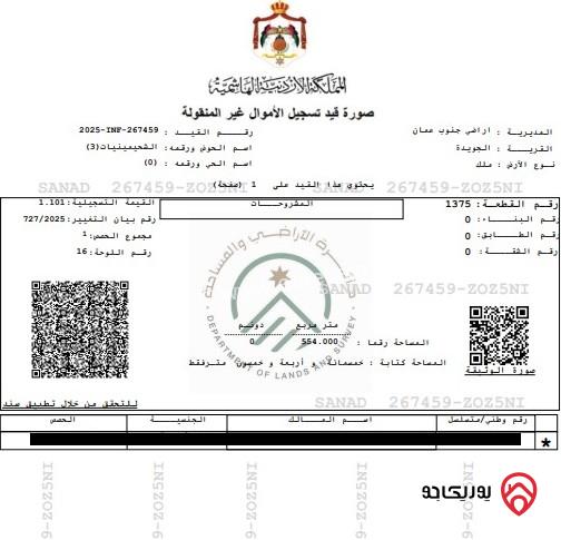 قطعة ارض مساحة 554 م للبيع في عمان - الجويدة