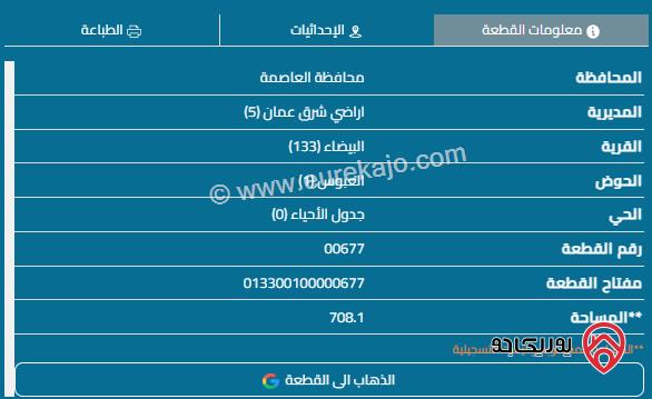 قطعة أرض مساحة 711م للبيع في عمان - منطقة أحد البيضاء	