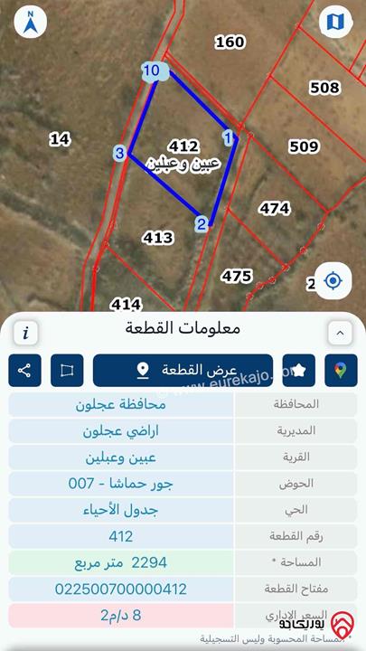 أرض مساحة 2 دونم و 294م للبيع في عجلون من أراضي عبين قريبة حجداً من وسط بلدة عبين