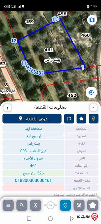 قطعة ارض للبيع في اربد- بيت راس مساحة 526م
