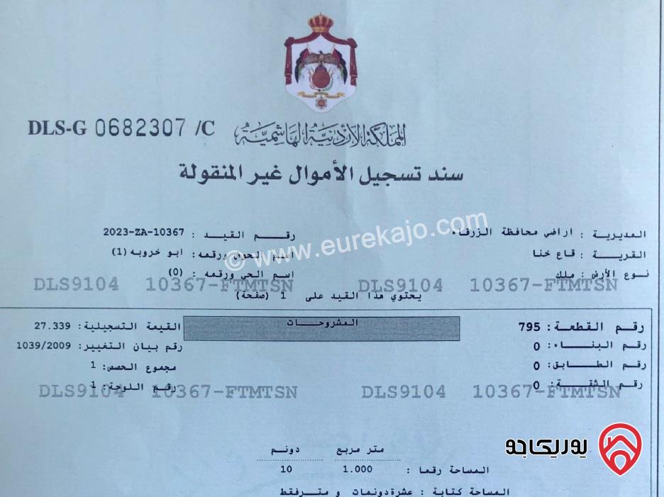 قطعة أرض زراعية مستوية مساحة 10 دونم للبيع في الزرقاء - قاع خنا 
