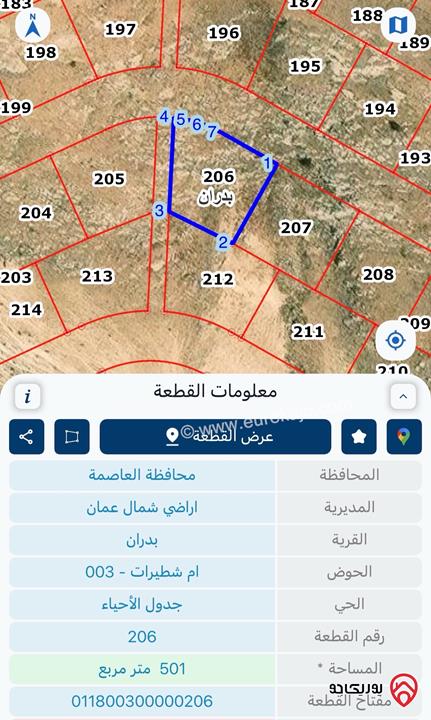 أرض مساحة 500م للبيع في عمان - شفا بدران أم شطيرات 