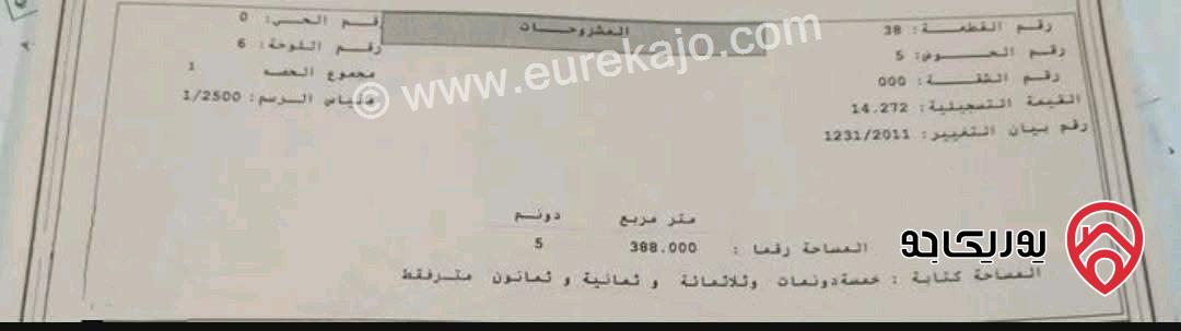 ارض زراعية مساحة 5 دونم و 388م للبيع في شطنا / اربد