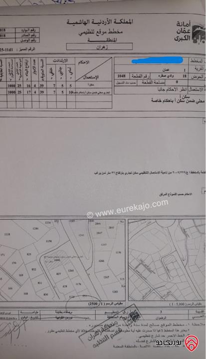 ارض تجاري مساحة 1 دونم و 533م للبيع في عمان - وادي صقرة 