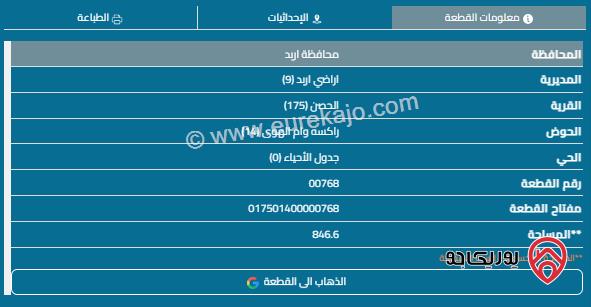 قطعة ارض في راكسة وام الهوى رقم 768 مساحة 848م للبيع في اربد - الحصن