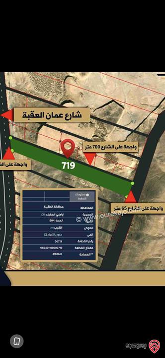 قطعة أرض مساحة 42 دونم للبيع في الطفيلة على شارع عمان العقبة الرئيسي وبسعر مغري