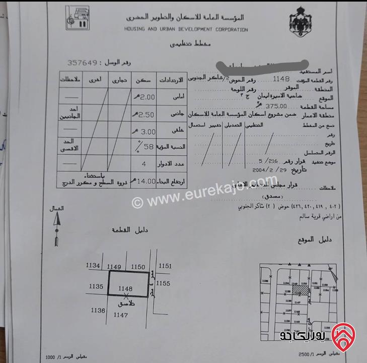 أرض مساحة 375م للبيع في عمان - قرية سالم ضمن التطوير الحضري