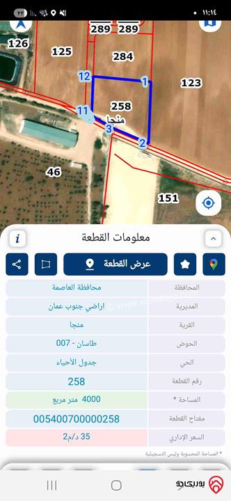 قطعة أرض مميزة مساحة 4 دونم للبيع من أراضي جنوب عمان – منجا