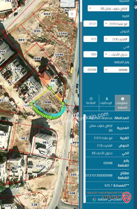 قطعة أرض مساحة 625م للبيع في أبو علندا	