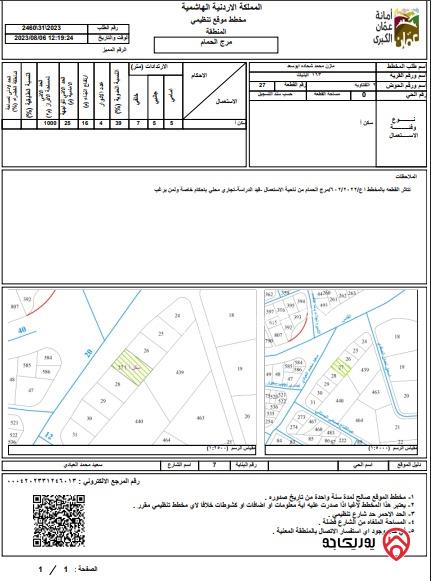 أرض مساحة 1036م للبيع في عمان - مرج الحمام